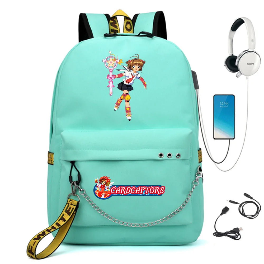 Cardcaptor Sakura Nylon Backpack Casual USB Charge Schoolbag Packsack Cartoon