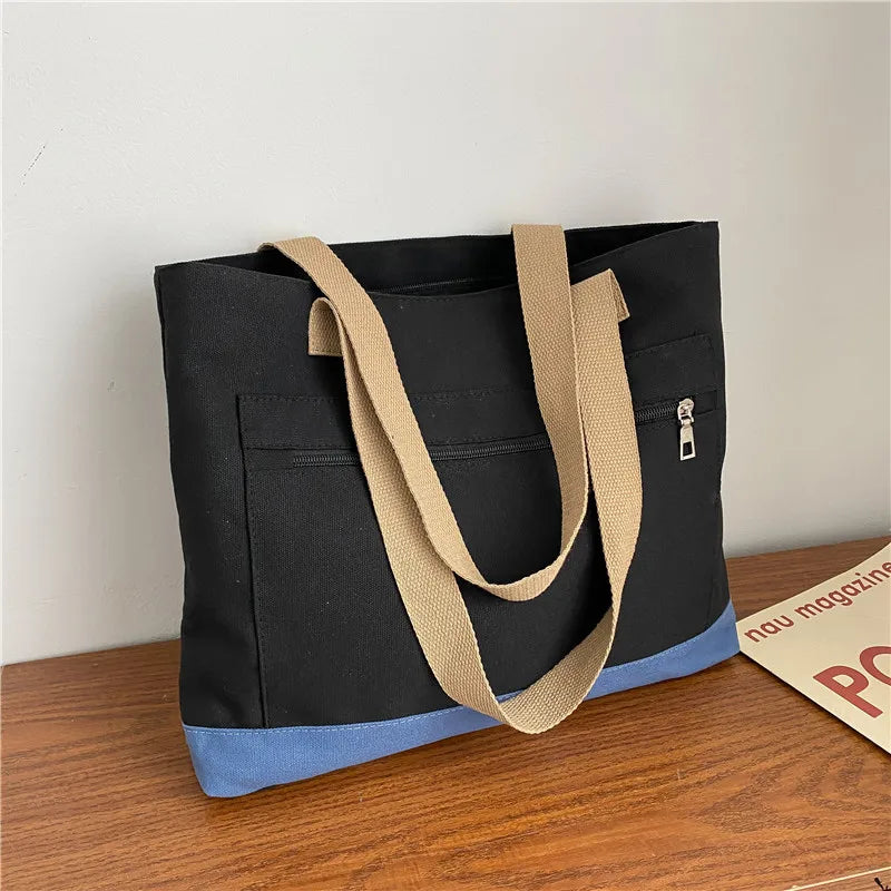 Large Capacity Tote Bag Women Canvas Zipper Shoulder Harajuku Handbag