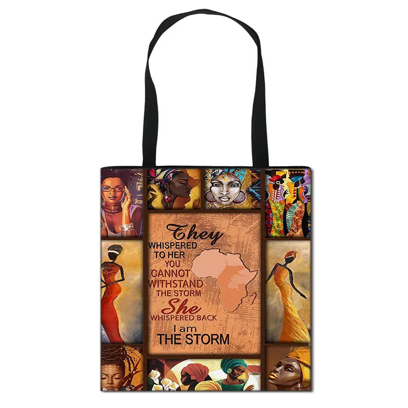 Afro Brown Girls Print Handbag Canvas Totes Lady Shopping Bag
