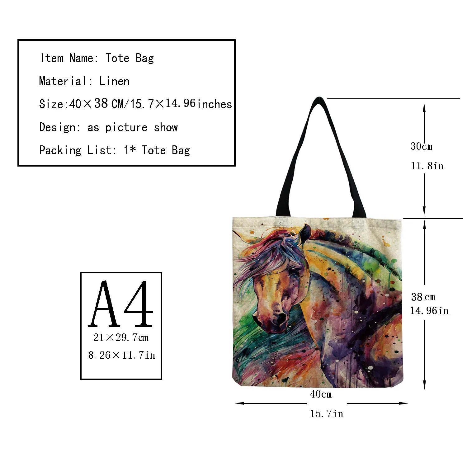 Cartoon Animal Horse Printed Handbags Eco Friendly Tote