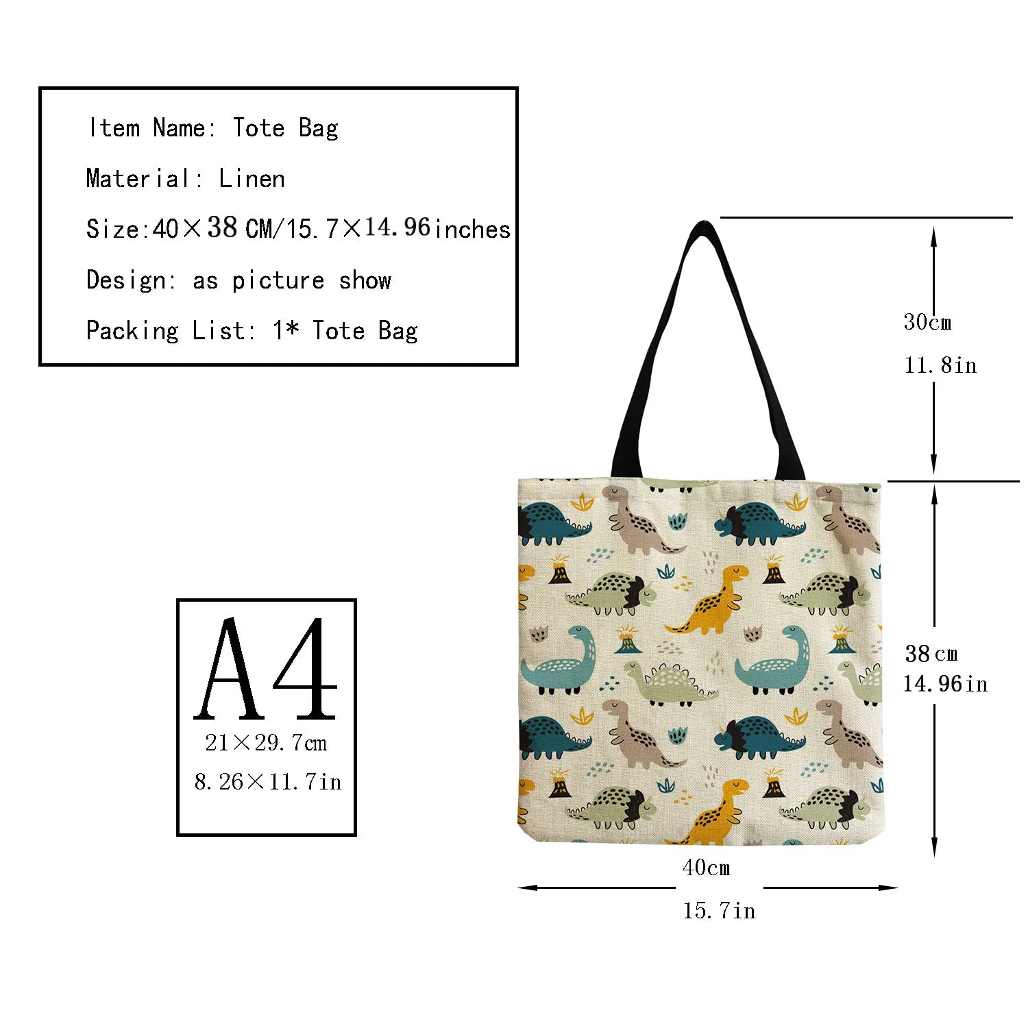 Dinosaur Tote Bag Eco-Friendly High Capacity Travel Handbag