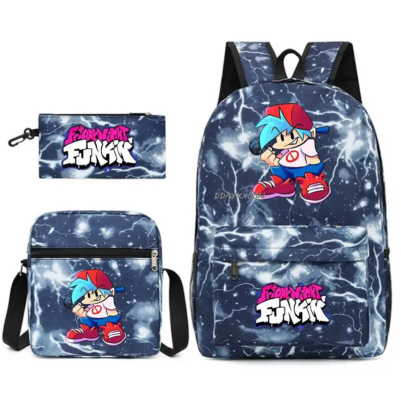 3 Pcs Friday Night Funkin Anime School Bags Set Boys Girls Teens Bagpacks
