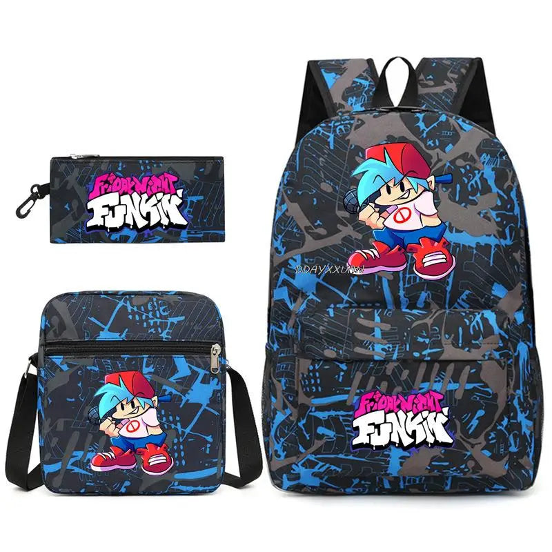 3 Pcs Friday Night Funkin Anime School Bags Set Boys Girls Teens Bagpacks