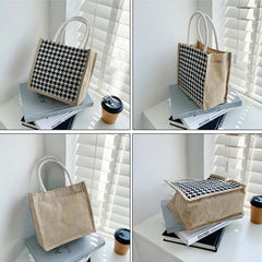 Houndstooth Cloth Tote Bag Plaid Beach Shoulder Bag Canvas Crossbody