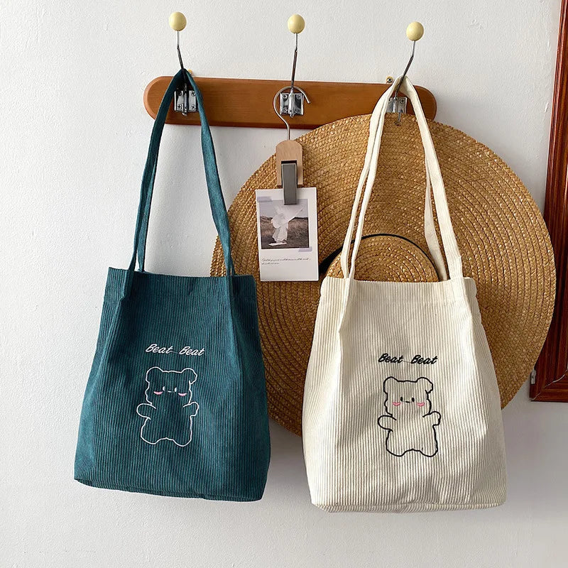 Cute Bear Embroidered Women Shoulder Bag Corduroy Student Girls Tote