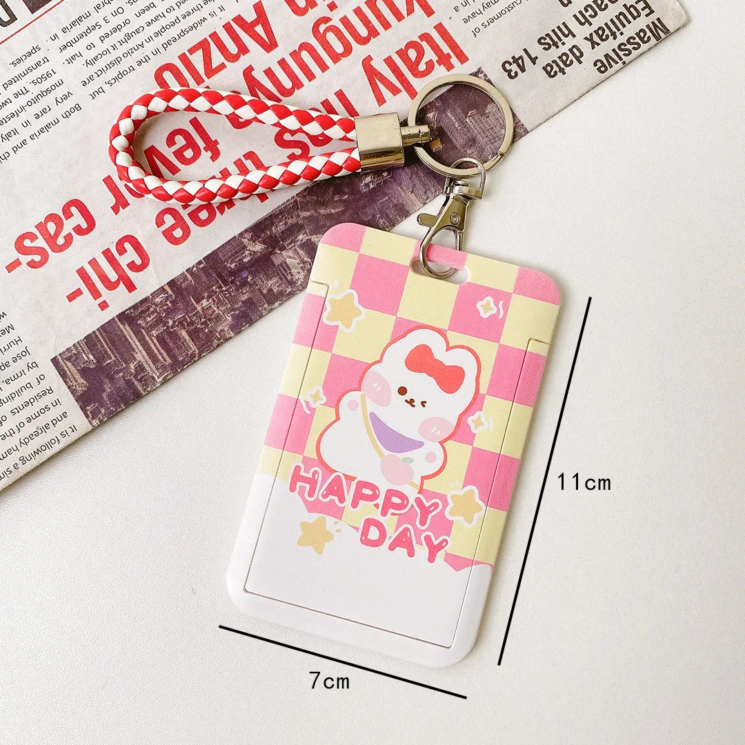 Cute Cartoon Bus Card Holder with Sliding Cover - Student Campus Access Keycha