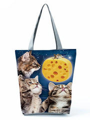 Cartoon Cat And Mouse Printed Women Shopping Bag Animal Large Capacity Shoulder