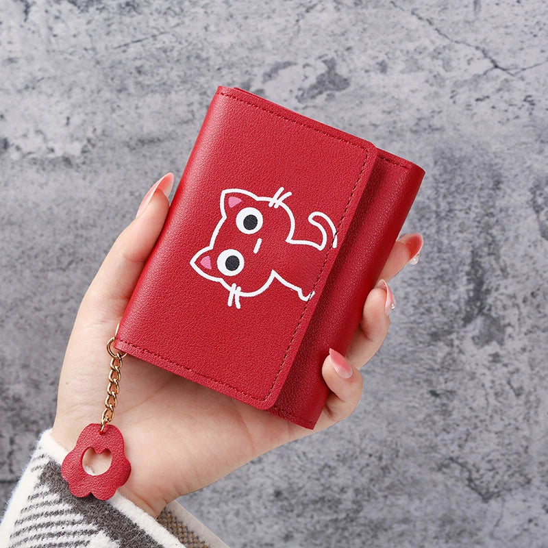 Cartoon Cat Tassel Student Female Purse Clutch Women Three-fold Short Wallet