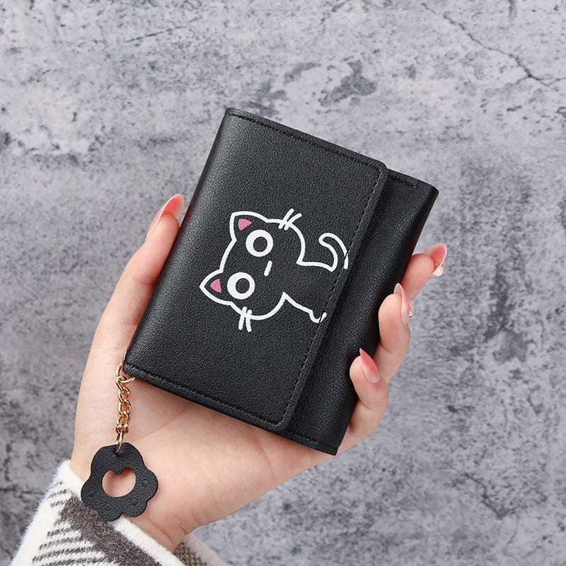 Cartoon Cat Tassel Student Female Purse Clutch Women Three-fold Short Wallet
