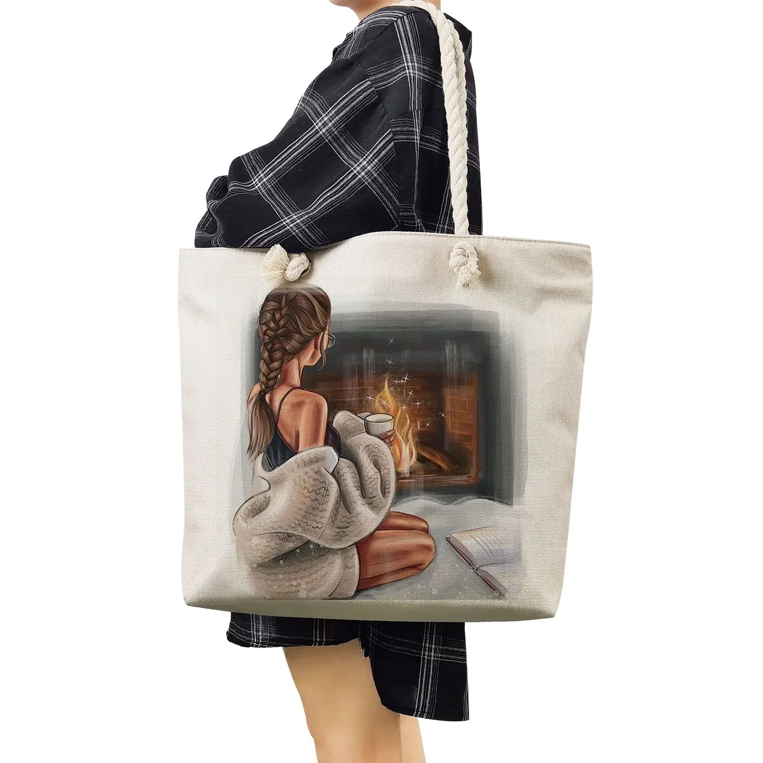 Cartoon Coffee Girl Print Handbag Thick Rope Shoulder Bag
