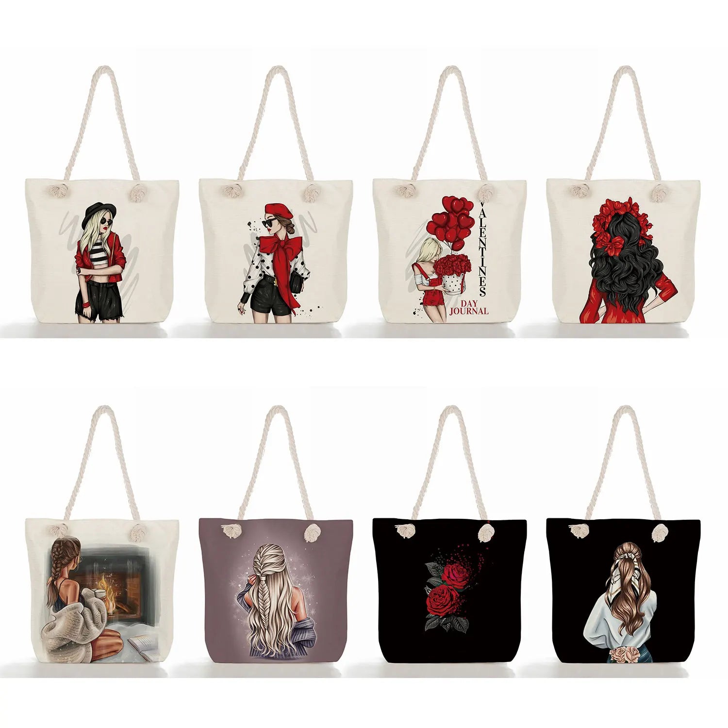 Cartoon Coffee Girl Print Handbag Thick Rope Shoulder Bag