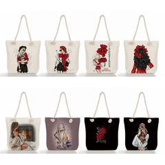 Cartoon Coffee Girl Print Handbag Thick Rope Shoulder Bag