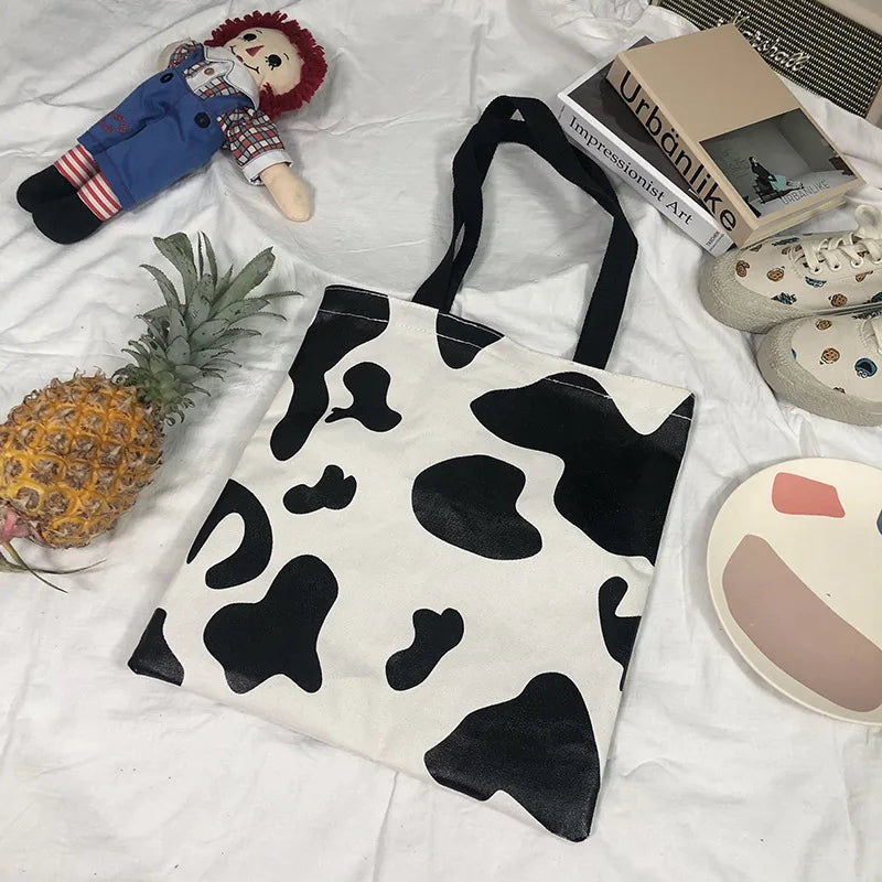 Cow Print Women Canvas Bag Large Capacity Shoulder Bag