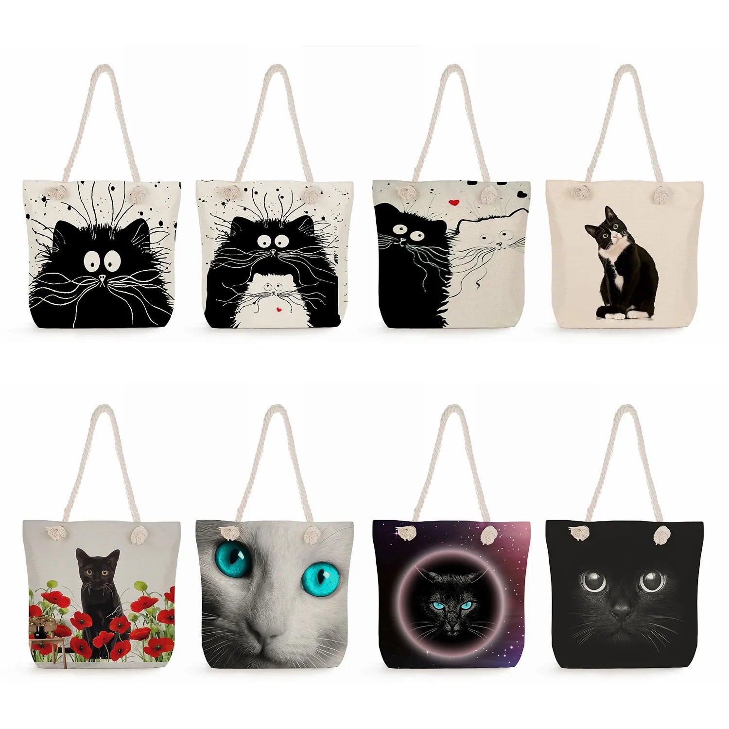 Cartoon Cat Print Eco Reusable Handbags Japanese Style Tote