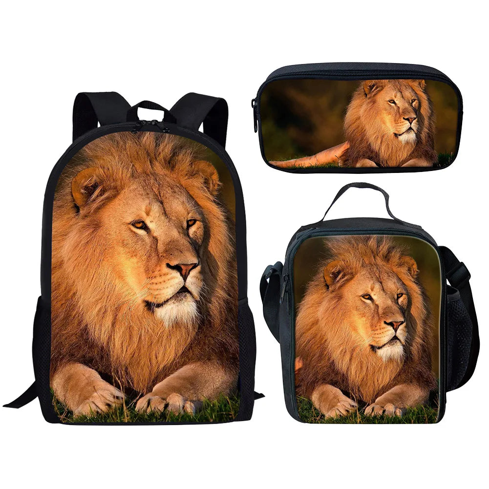 Creative Lion 3D Print 3pcs/Set School Travel Daypack Shoulder Bag Pencil Case