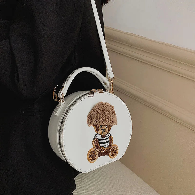 Bear Round Crossbody Bag Vintage Leather Shoulder Bag