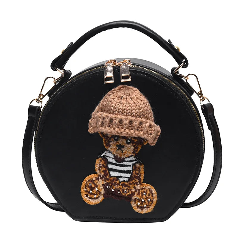 Bear Round Crossbody Bag Vintage Leather Shoulder Bag