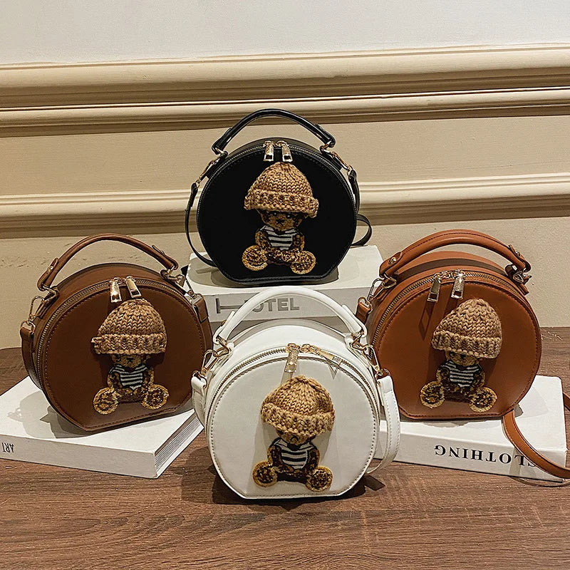 Bear Round Crossbody Bag Vintage Leather Shoulder Bag