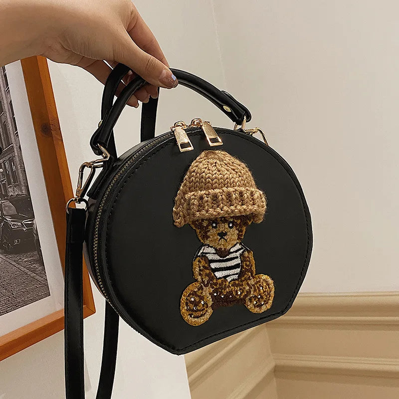 Bear Round Crossbody Bag Vintage Leather Shoulder Bag