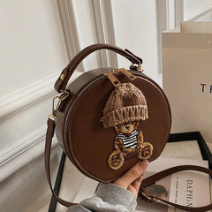 Bear Round Crossbody Bag Vintage Leather Shoulder Bag
