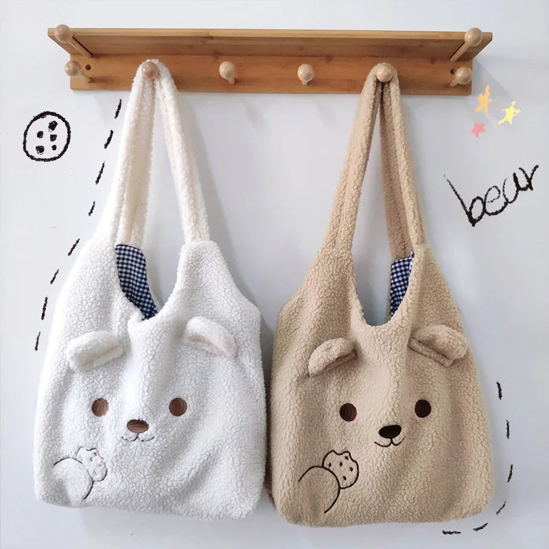 Embroidery Lamb Wool Handbag Winter Plush Shopper Women Tote Bag