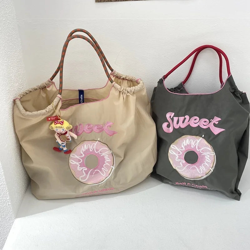 Embroidery Women Nylon Shoulder Bag Donut Sweet Girls Travel Tote Handba