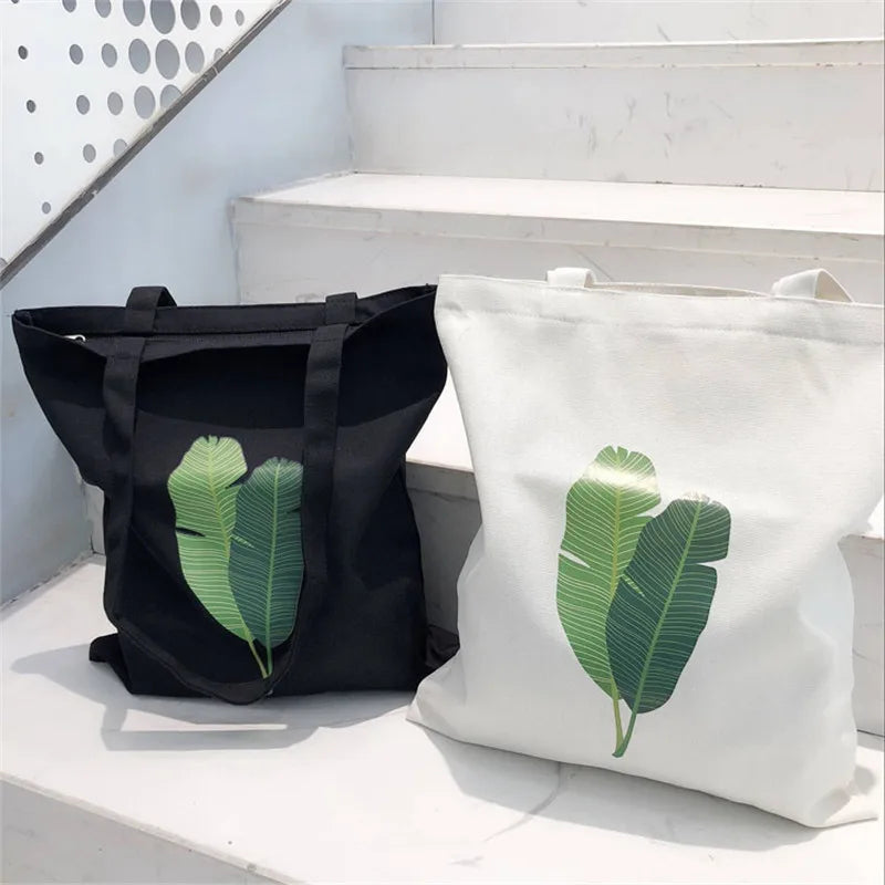 Women Canvas Handbags Printing Banana Leaf Shoulder Bags Handle Shopping Bags