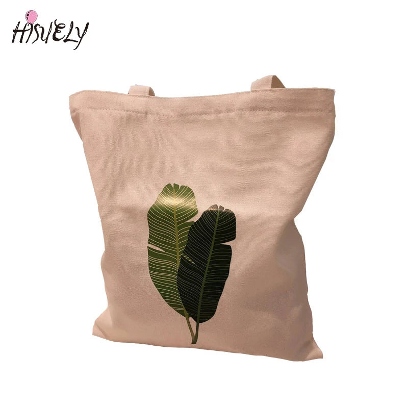 Women Canvas Handbags Printing Banana Leaf Shoulder Bags Handle Shopping Bags