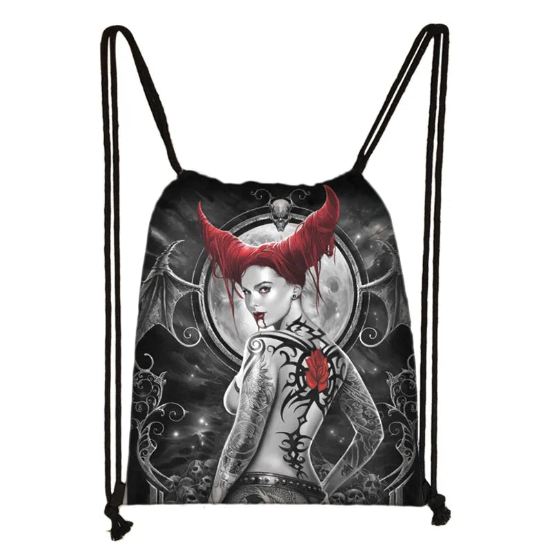 Gothic Girls Backpack Women Canvas Drawstring Bag