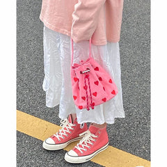 Heart Embroidery Women Shoulder Bags Pink Plaid Bucket Bag