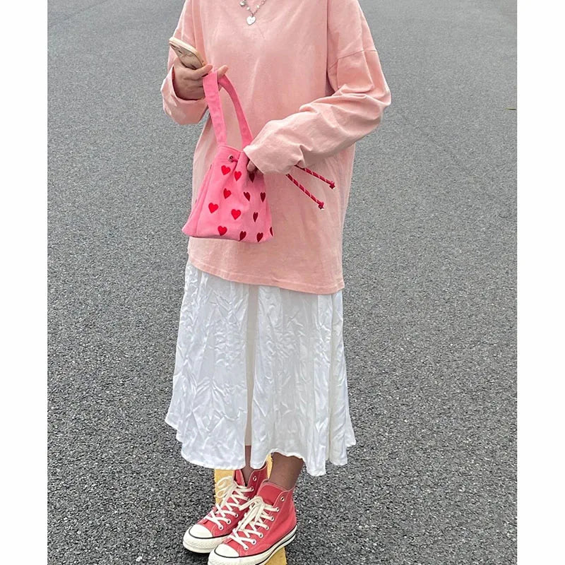 Heart Embroidery Women Shoulder Bags Pink Plaid Bucket Bag