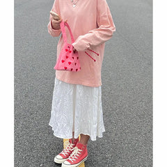 Heart Embroidery Women Shoulder Bags Pink Plaid Bucket Bag