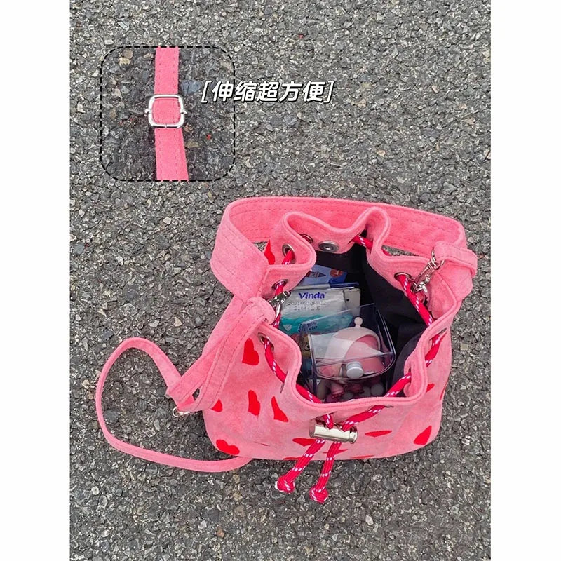 Heart Embroidery Women Shoulder Bags Pink Plaid Bucket Bag