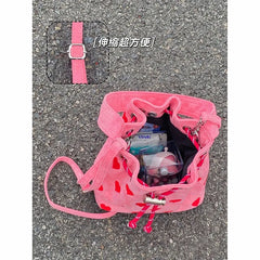 Heart Embroidery Women Shoulder Bags Pink Plaid Bucket Bag