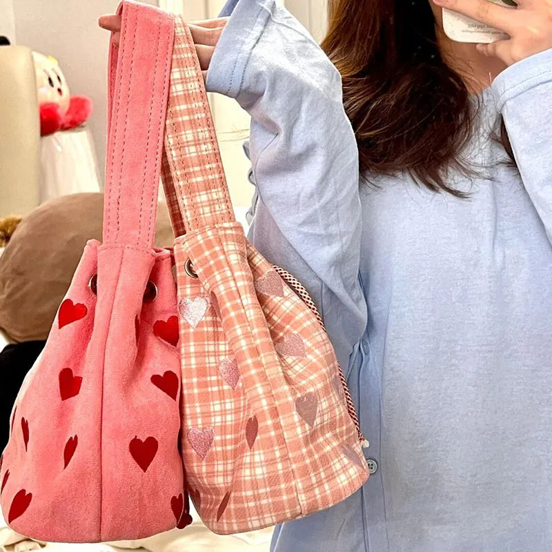 Heart Embroidery Women Shoulder Bags Pink Plaid Bucket Bag