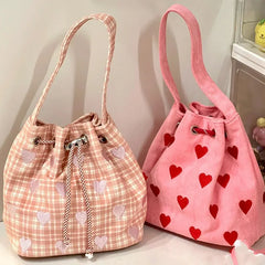 Heart Embroidery Women Shoulder Bags Pink Plaid Bucket Bag