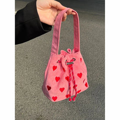 Heart Embroidery Women Shoulder Bags Pink Plaid Bucket Bag