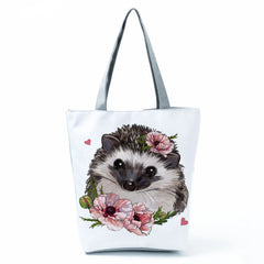 Hedgehog Flower Tote Bag Animal Handbags Women Shoulder Bag Eco Shopping Bag