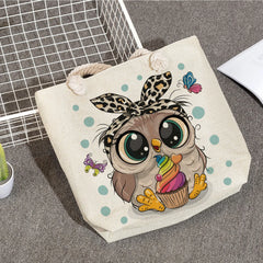 Owl Print Linen Shoulder Bags for Women