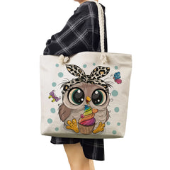 Owl Print Linen Shoulder Bags for Women