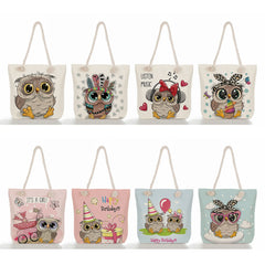 Owl Print Linen Shoulder Bags for Women