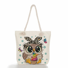 Owl Print Linen Shoulder Bags for Women