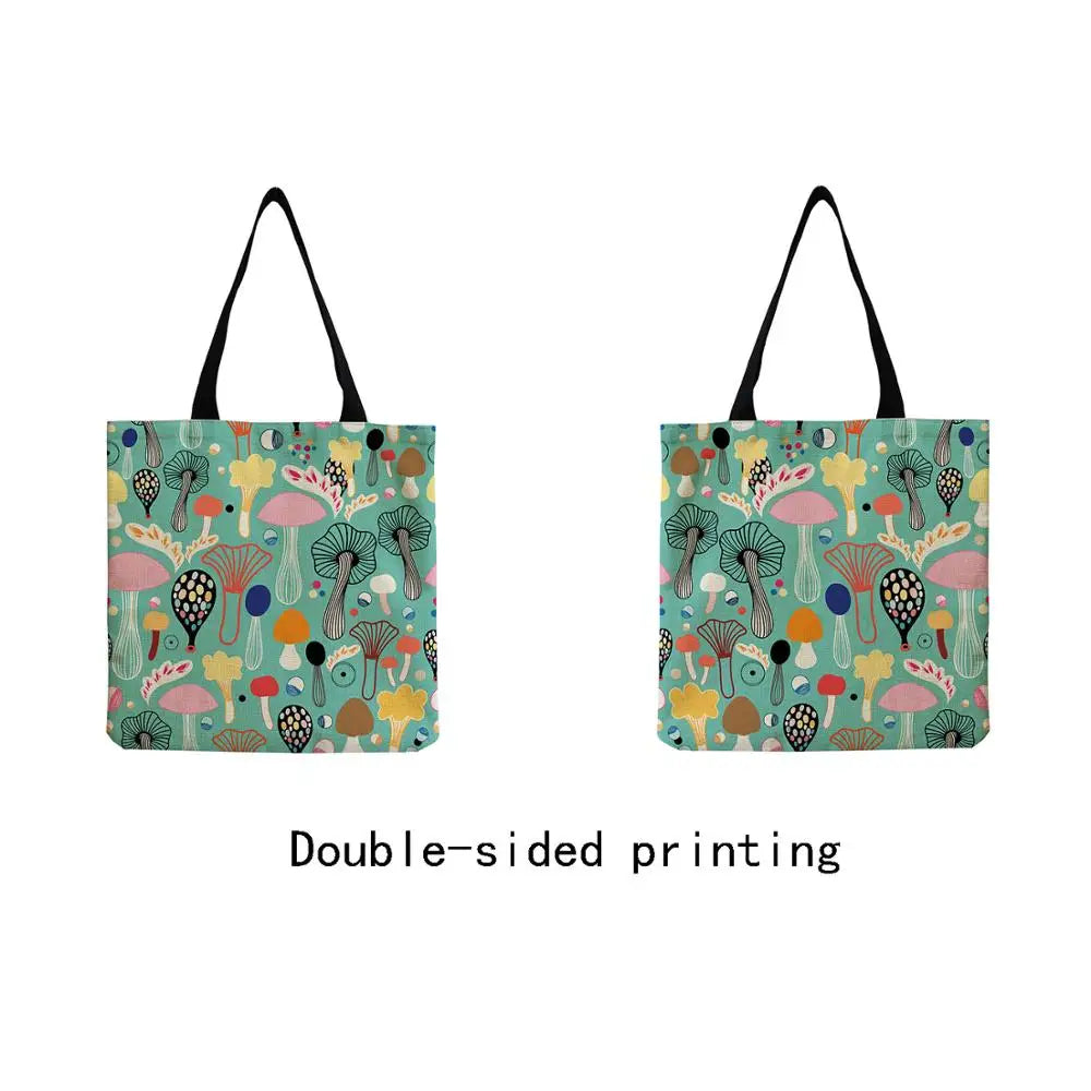 Cartoon Mushroom Print Female Shopping Bag Bright Colors Linen Handbag