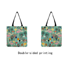 Cartoon Mushroom Print Female Shopping Bag Bright Colors Linen Handbag