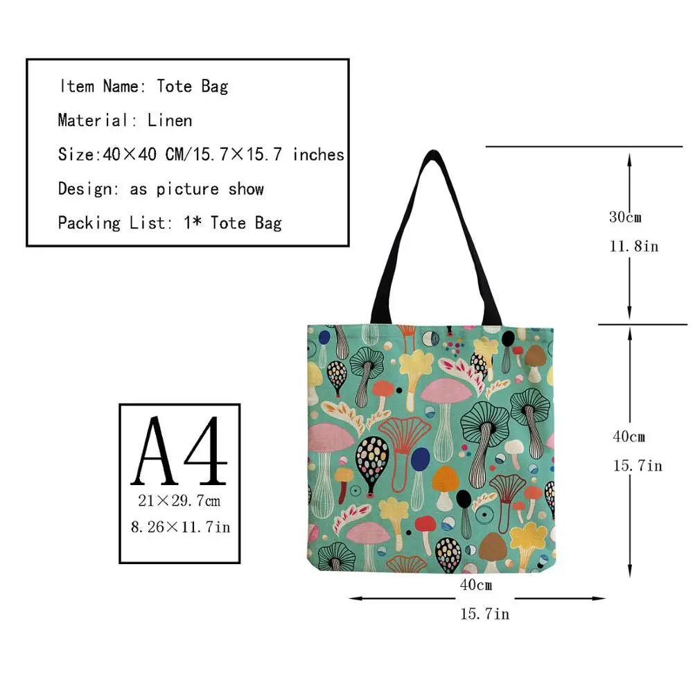 Cartoon Mushroom Print Female Shopping Bag Bright Colors Linen Handbag