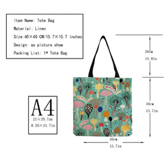 Cartoon Mushroom Print Female Shopping Bag Bright Colors Linen Handbag