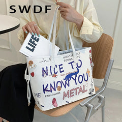 Cartoon Pattern Tote Bag PU Leather Women's Handbags Shopper Shoulder Bag