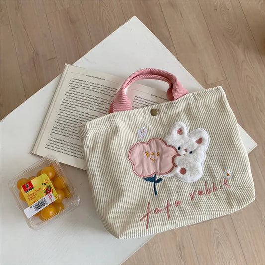 Embroidered Cartoon Rabbit Corduroy Shoulder Bag for Women Girls