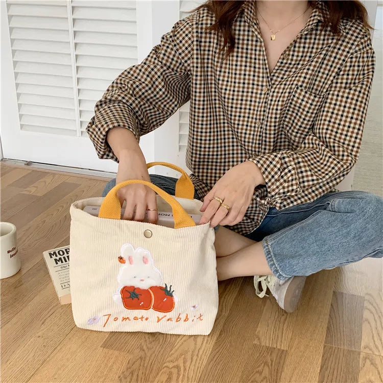 Embroidered Cartoon Rabbit Corduroy Shoulder Bag for Women Girls
