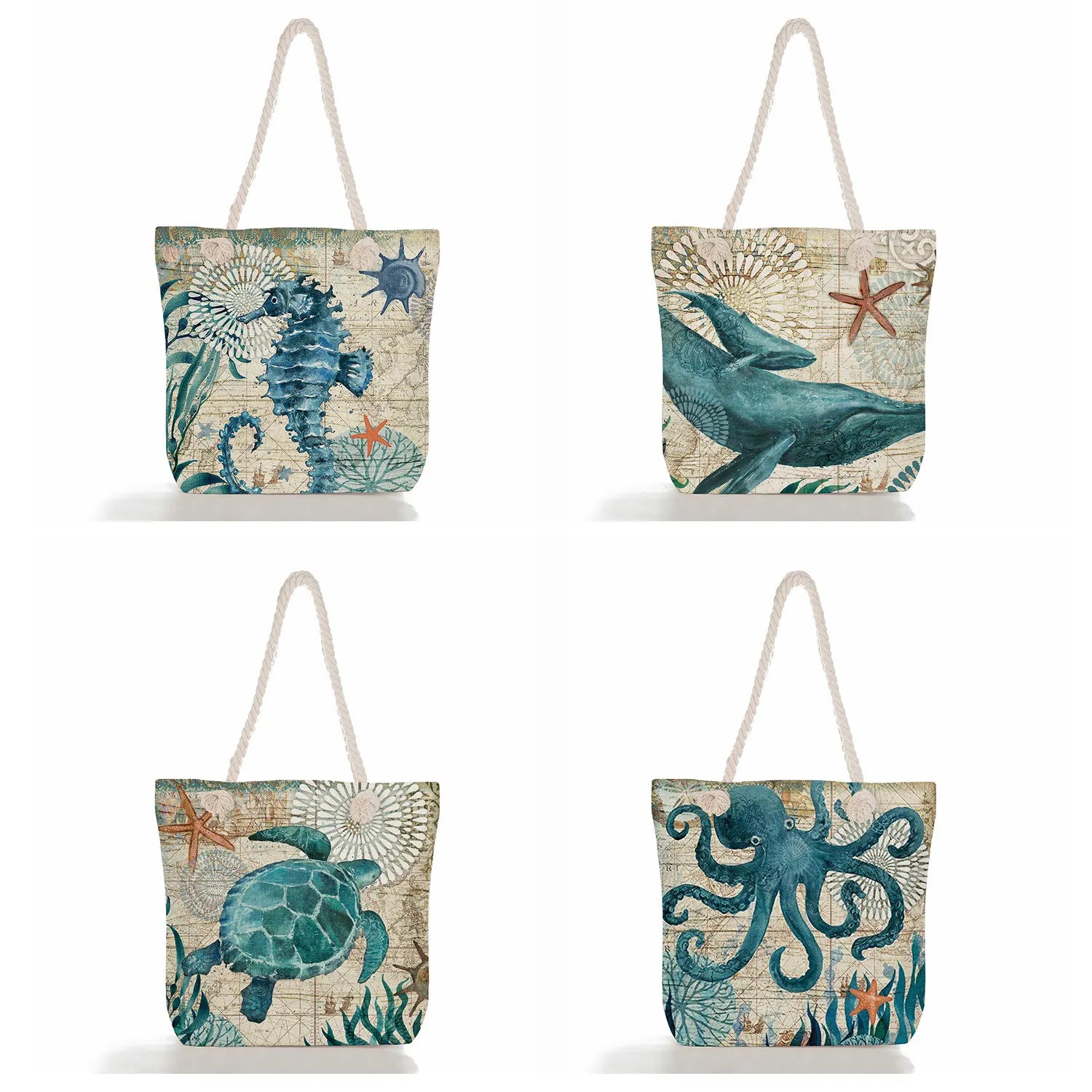Sea Life Print Beach Tote Bag Outdoor Travel Women Shoulder Bag